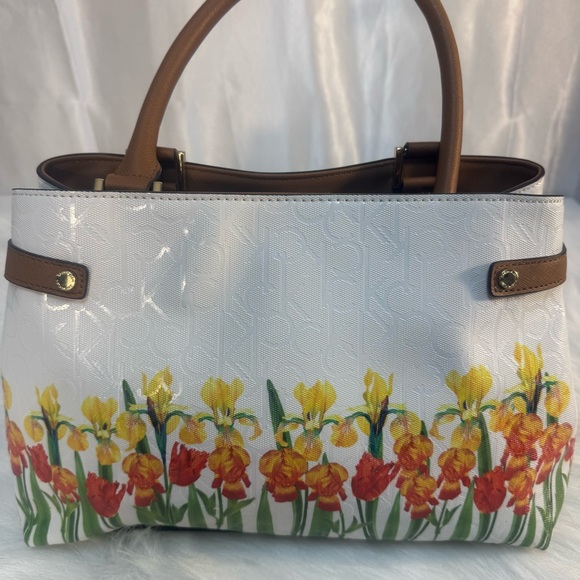 NWOT Calvin Klein White Orange Yellow Floral Iris Satchel Handbag Brown Trim - Picture 4 of 14